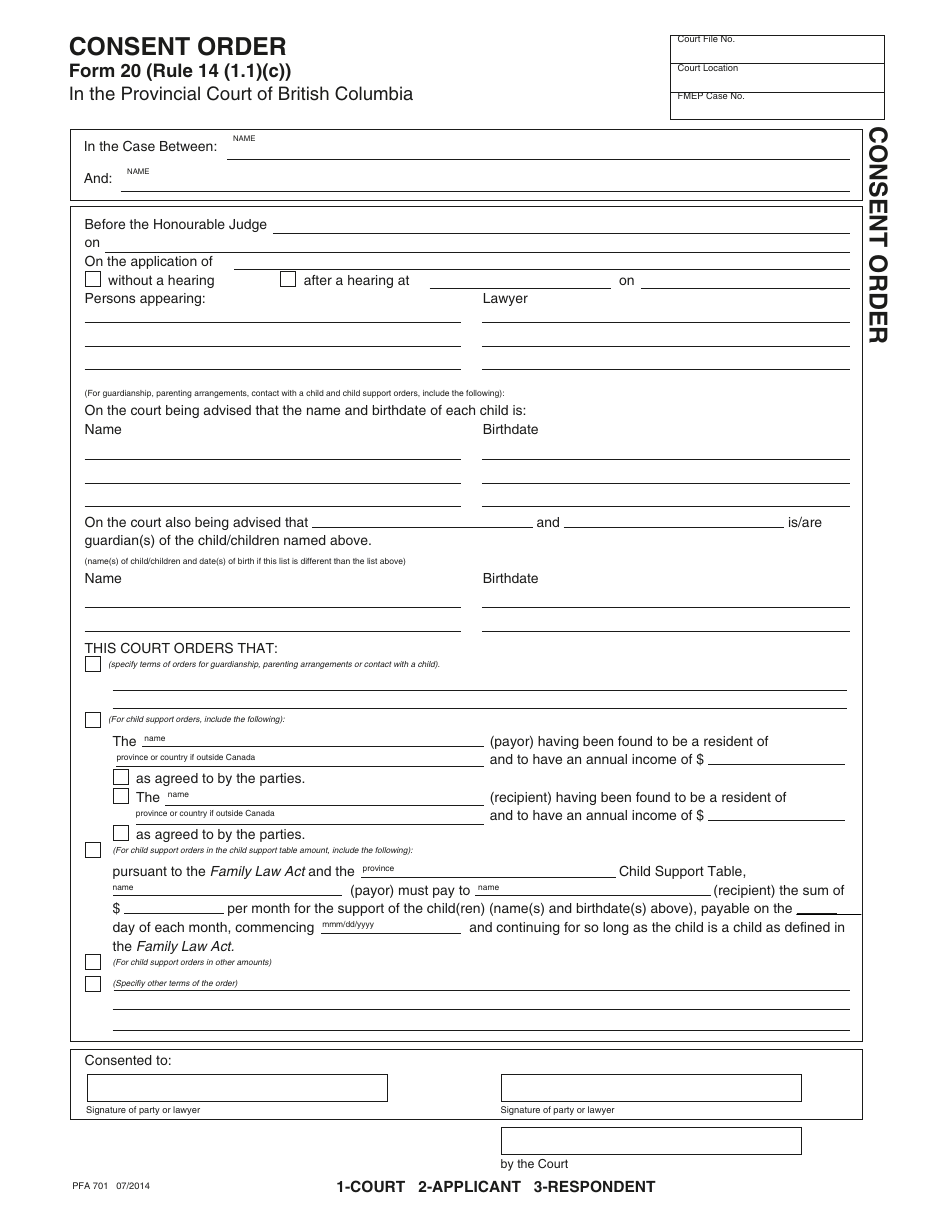 PCFR Form 20 (PFA701) Consent Order - British Columbia, Canada, Page 1