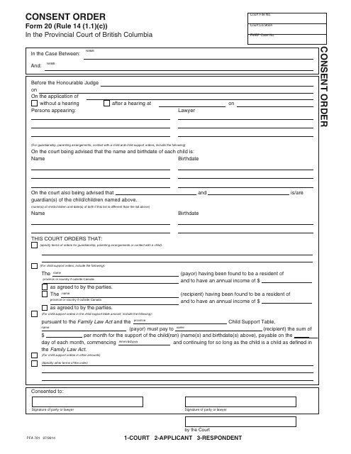 PCFR Form 20 (PFA701) Consent Order - British Columbia, Canada