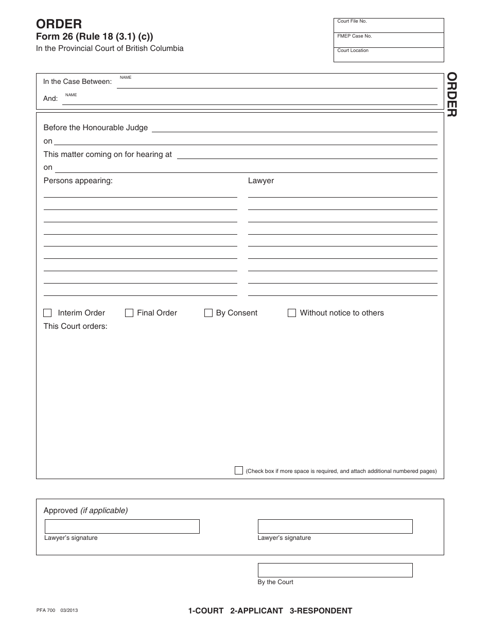 PCFR Form 26 (PFA700) Order - British Columbia, Canada, Page 1
