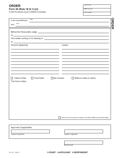 PCFR Form 26 (PFA700) Order - British Columbia, Canada