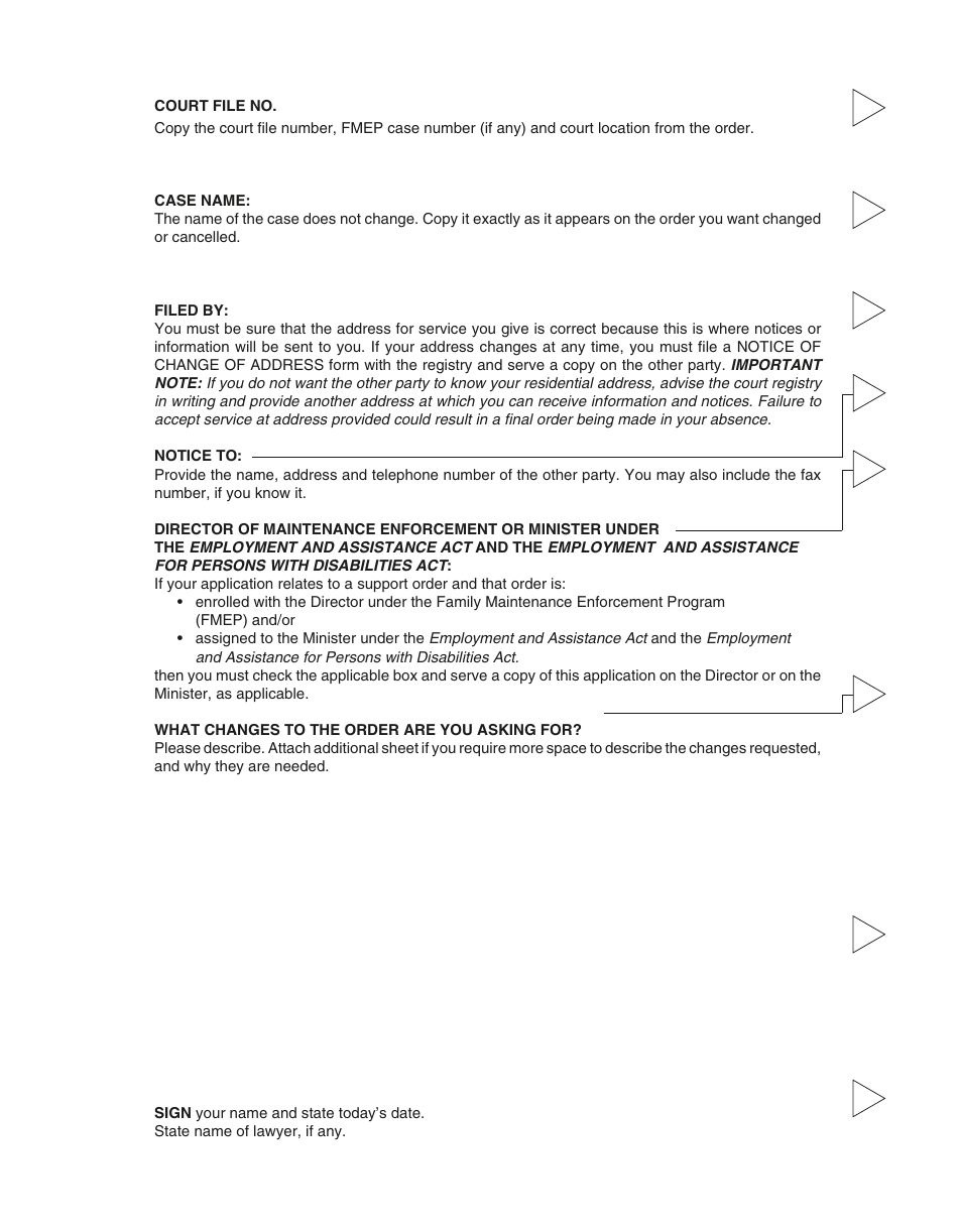 PCFR Form 2 (PFA004) Application Respecting Existing Orders or Agreements - British Columbia, Canada, Page 2