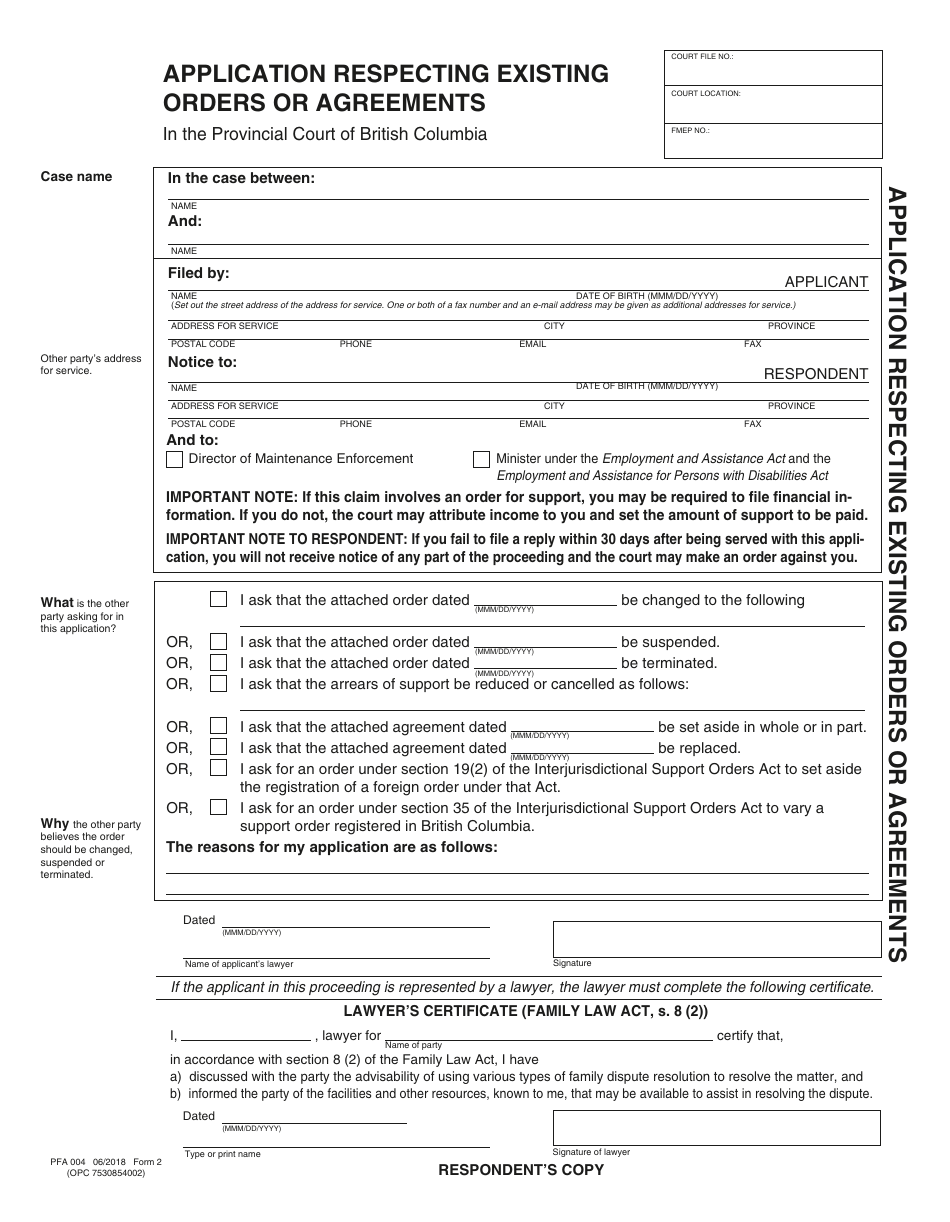 PCFR Form 2 (PFA004) Application Respecting Existing Orders or Agreements - British Columbia, Canada, Page 4