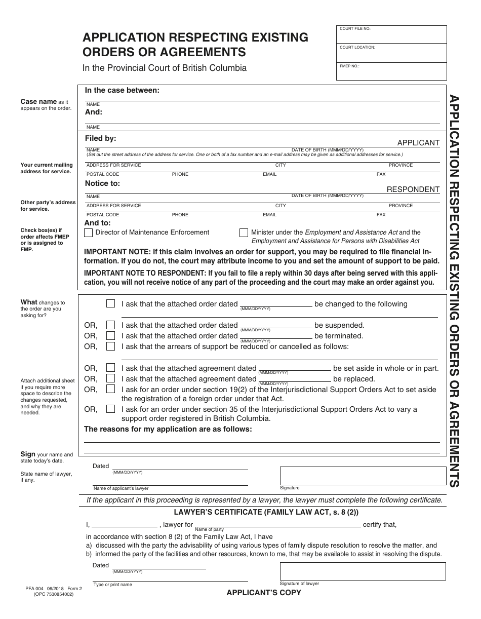 PCFR Form 2 (PFA004) Application Respecting Existing Orders or Agreements - British Columbia, Canada, Page 6
