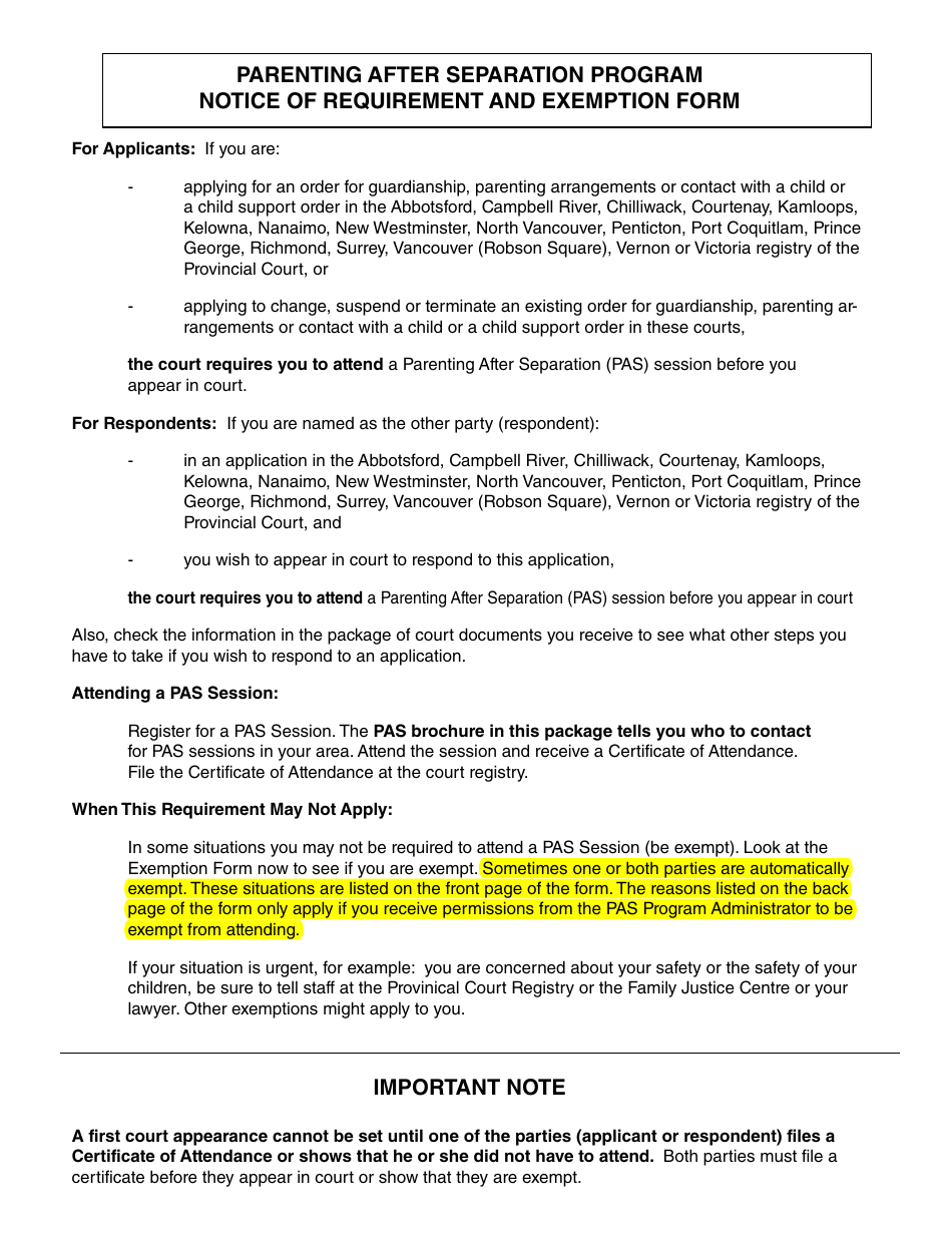 PCFR Form 31 (PFA863) Parenting After Separation Exemption Request - City of Abbotsford, British Columbia, Canada, Page 1