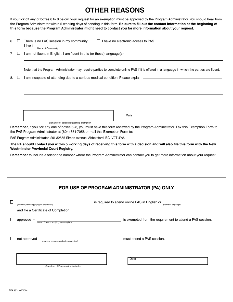 PCFR Form 31 (PFA863) Parenting After Separation Exemption Request - City of Abbotsford, British Columbia, Canada, Page 3