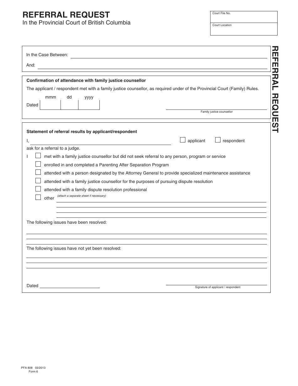 PCFR Form 6 (PFA808) Referral Request - British Columbia, Canada, Page 1