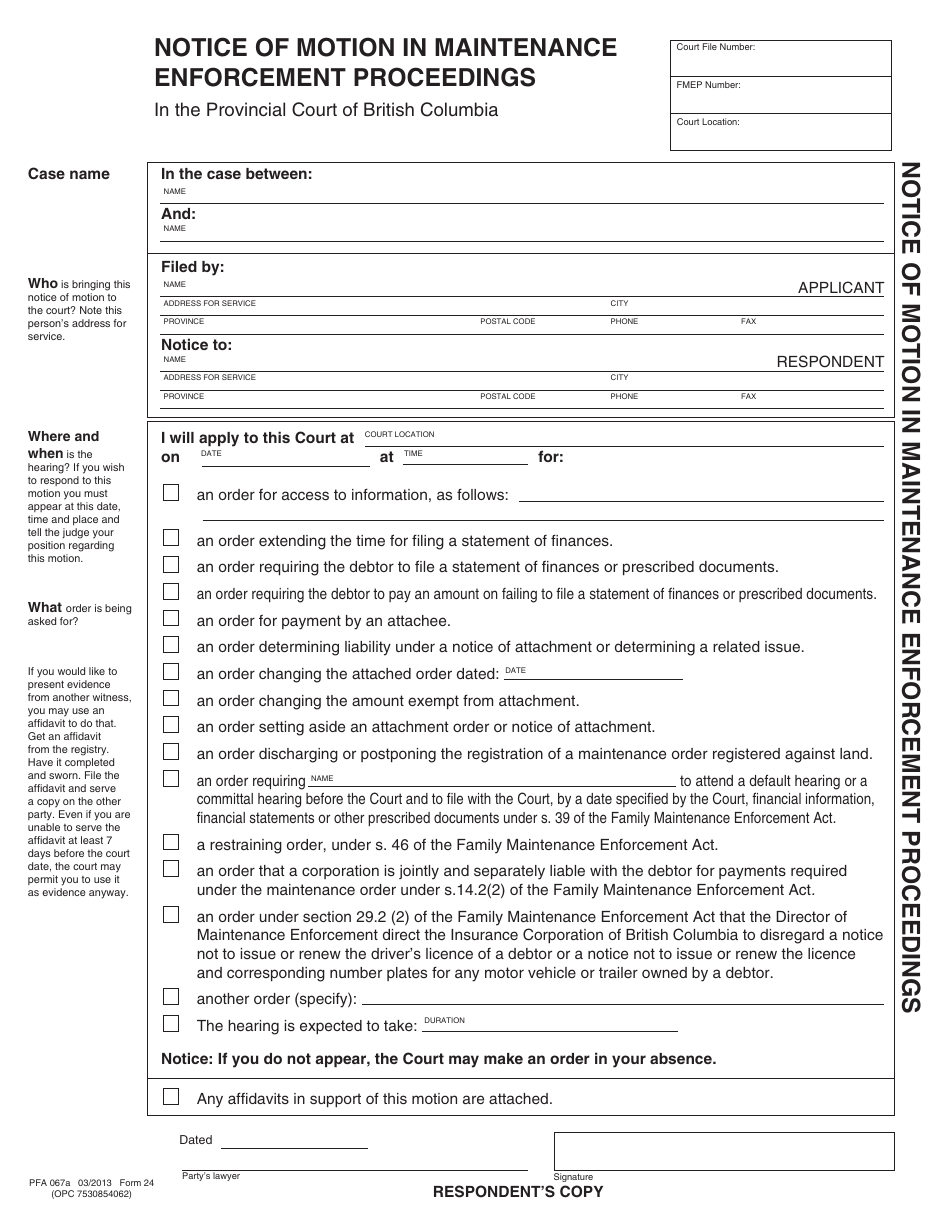 PCFR Form 24 (PFA067A) Notice of Motion in Maintenance Enforcement Proceedings - British Columbia, Canada, Page 4