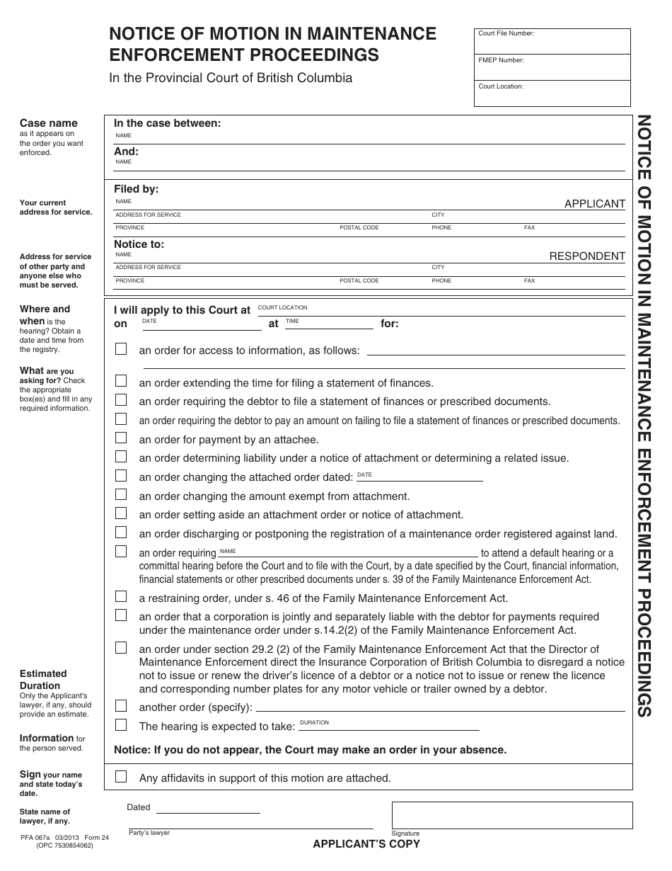 PCFR Form 24 (PFA067A) Notice of Motion in Maintenance Enforcement Proceedings - British Columbia, Canada, Page 6