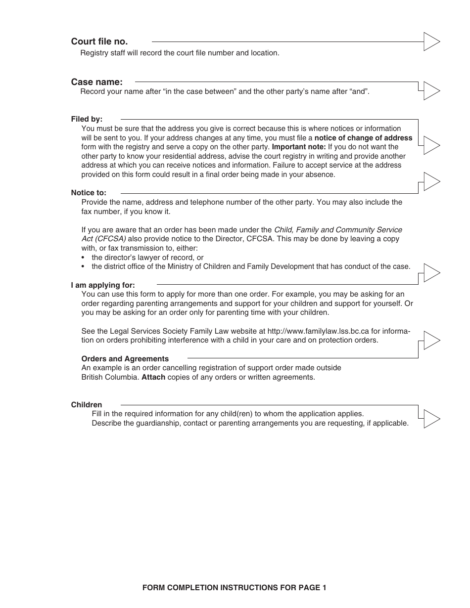 PCFR Form 1 (PFA003) Application to Obtain an Order - British Columbia, Canada, Page 2