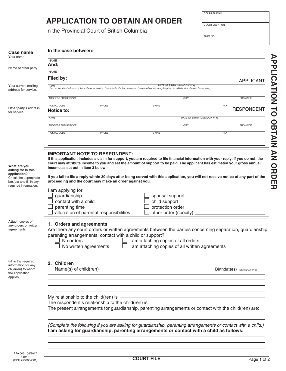 PCFR Form 1 (PFA003) Application to Obtain an Order - British Columbia, Canada, Page 3