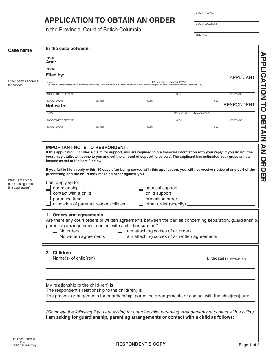 PCFR Form 1 (PFA003) Application to Obtain an Order - British Columbia, Canada, Page 4