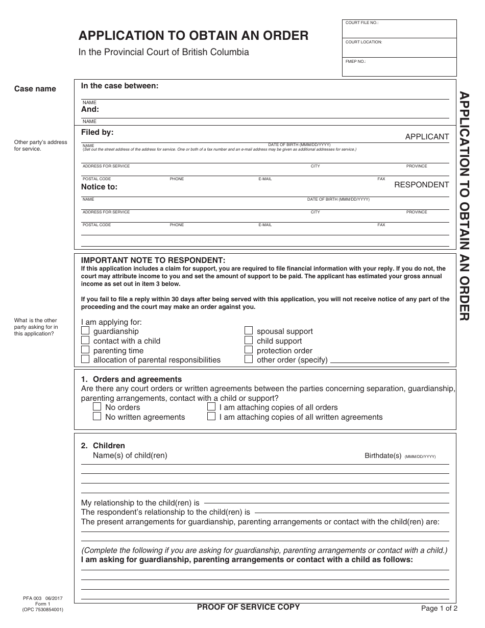 PCFR Form 1 (PFA003) Application to Obtain an Order - British Columbia, Canada, Page 5