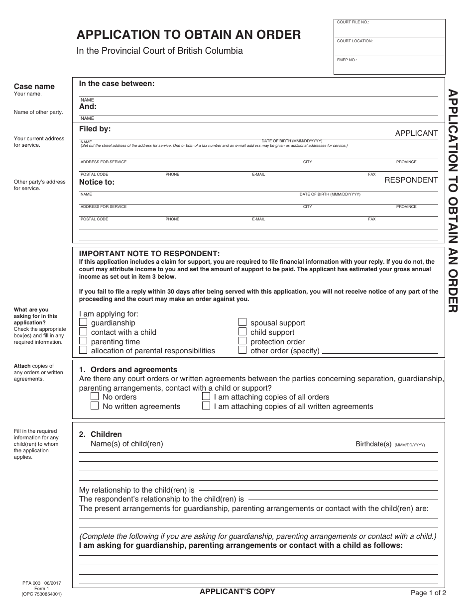 PCFR Form 1 (PFA003) Application to Obtain an Order - British Columbia, Canada, Page 6