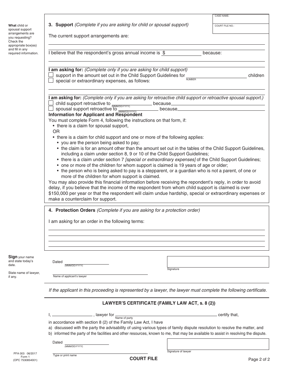 PCFR Form 1 (PFA003) Application to Obtain an Order - British Columbia, Canada, Page 8