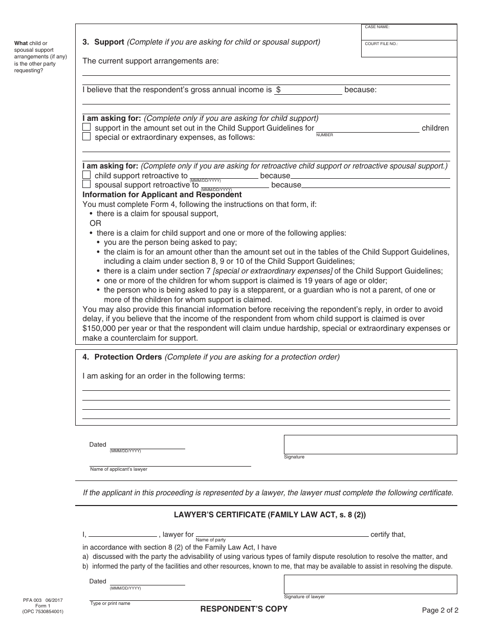 PCFR Form 1 (PFA003) Application to Obtain an Order - British Columbia, Canada, Page 9