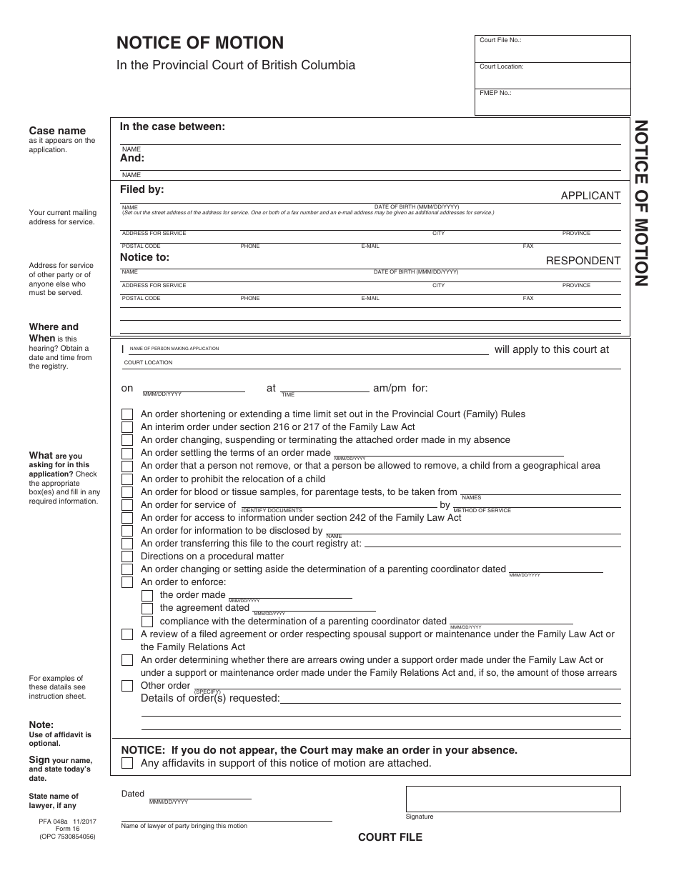 PCFR Form 16 (PFA048A) Notice of Motion - British Columbia, Canada, Page 3