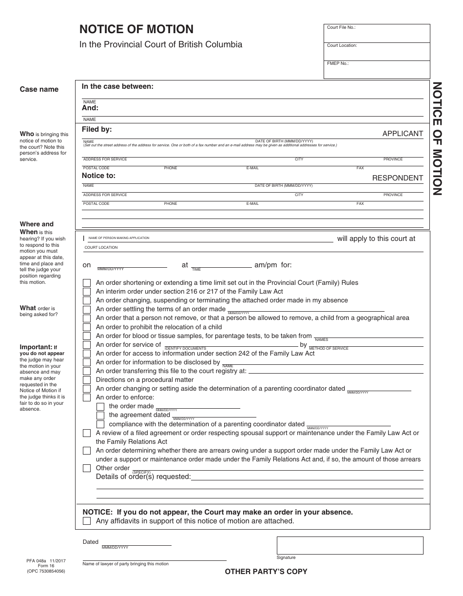 PCFR Form 16 (PFA048A) Notice of Motion - British Columbia, Canada, Page 4