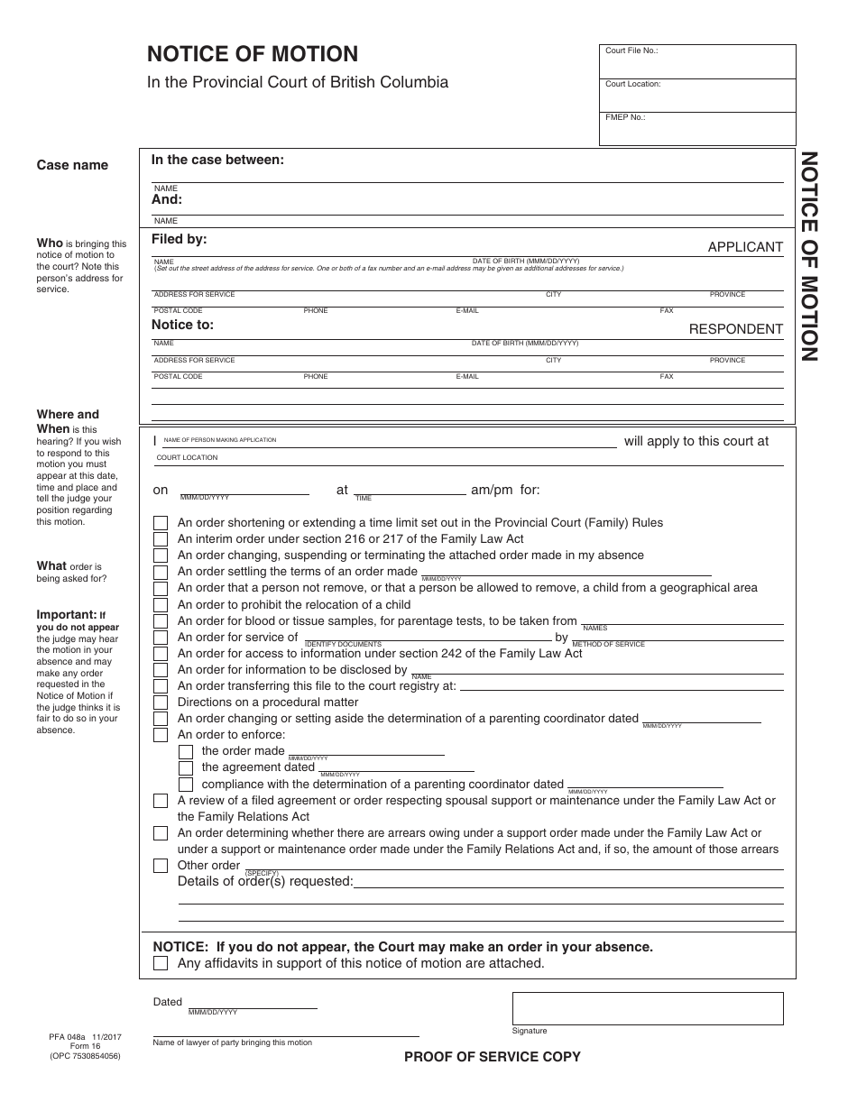 PCFR Form 16 (PFA048A) Notice of Motion - British Columbia, Canada, Page 5