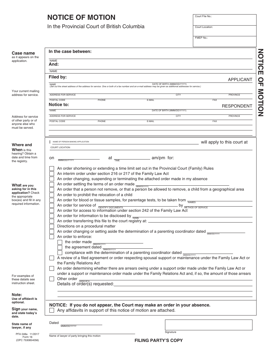 PCFR Form 16 (PFA048A) Notice of Motion - British Columbia, Canada, Page 6