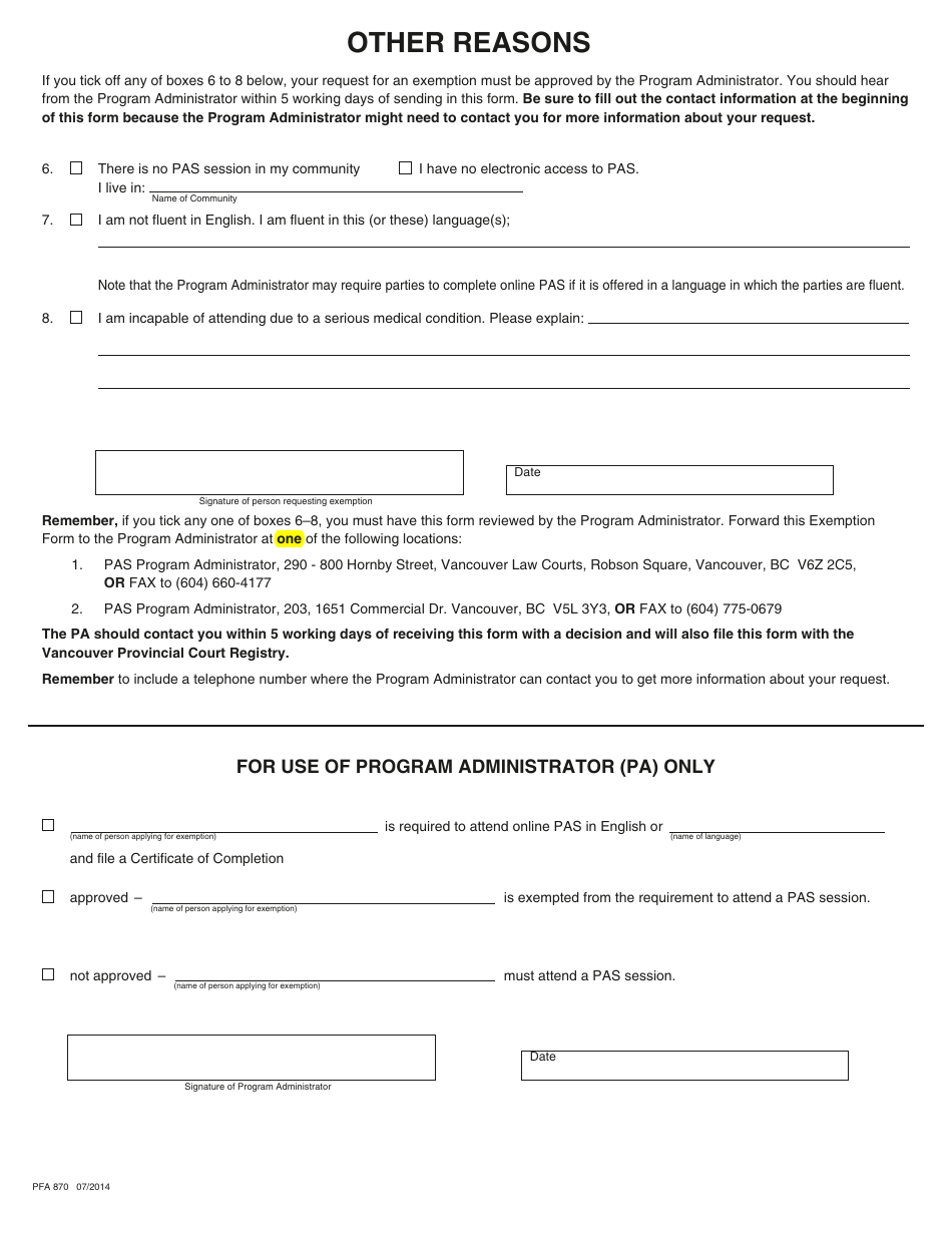 PCFR Form 31 (PFA870) Parenting After Separation Exemption Request - City of Vancouver, British Columbia, Canada, Page 3