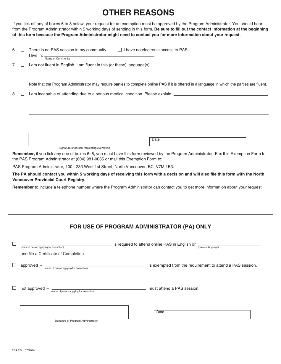 PCFR Form 31 (PFA874) Parenting After Separation Exemption Request - North Vancouver, British Columbia, Canada, Page 3