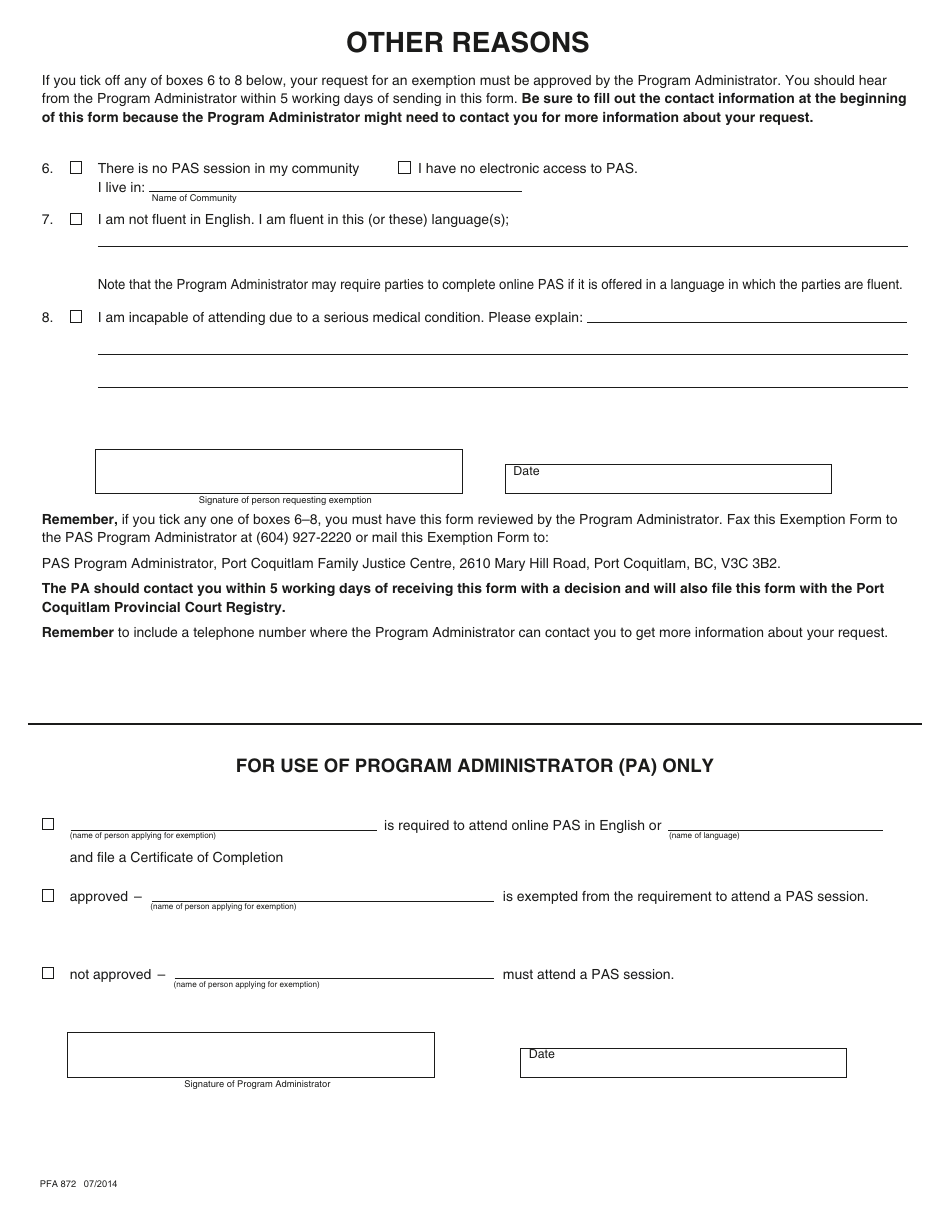 PCFR Form 31 (PFA872) Parenting After Separation Exemption Request - City of Port Coquitlam, British Columbia, Canada, Page 3