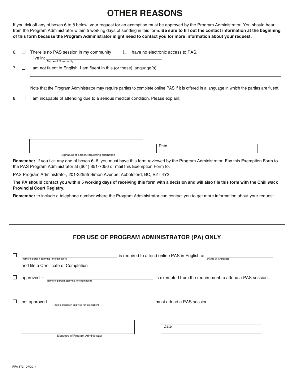 PCFR Form 31 (PFA873) Parenting After Separation Exemption Request - City of Chilliwack, British Columbia, Canada, Page 3