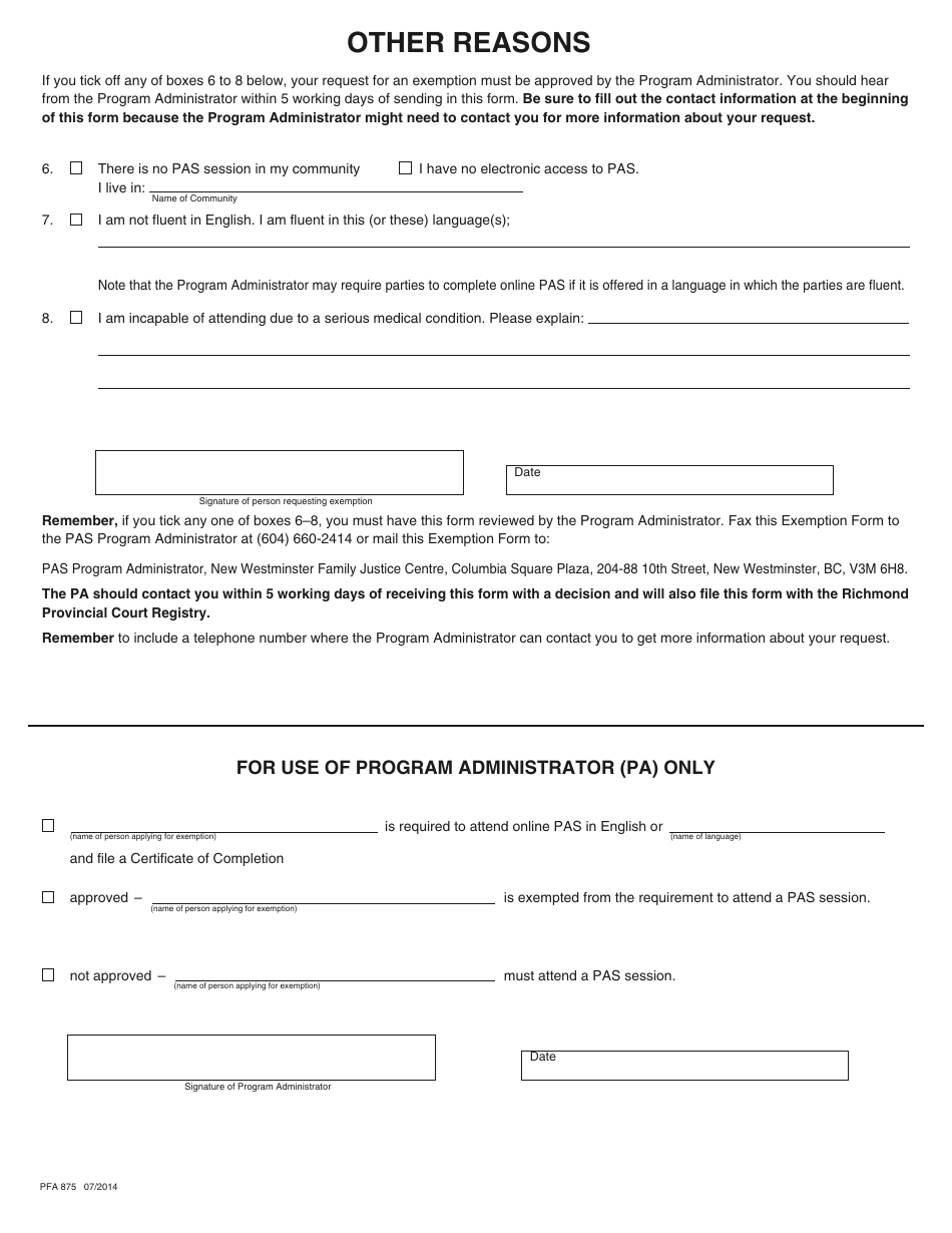 PCFR Form 31 (PFA875) Parenting After Separation Exemption Request - City of Richmond, British Columbia, Canada, Page 3