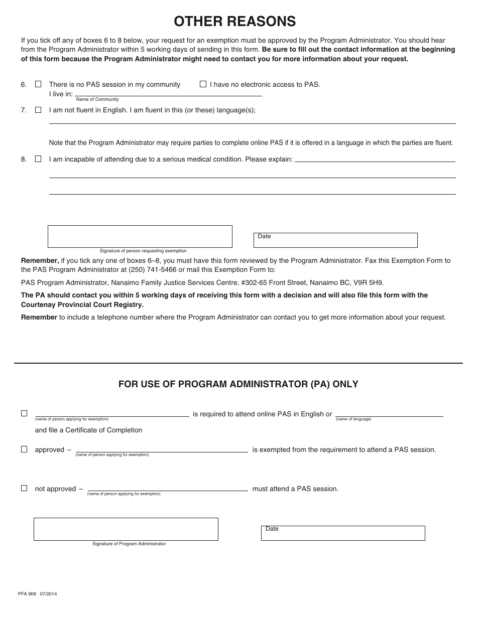 PCFR Form 31 (PFA909) Parenting After Separation Exemption Request - City of Courtenay, British Columbia, Canada, Page 3