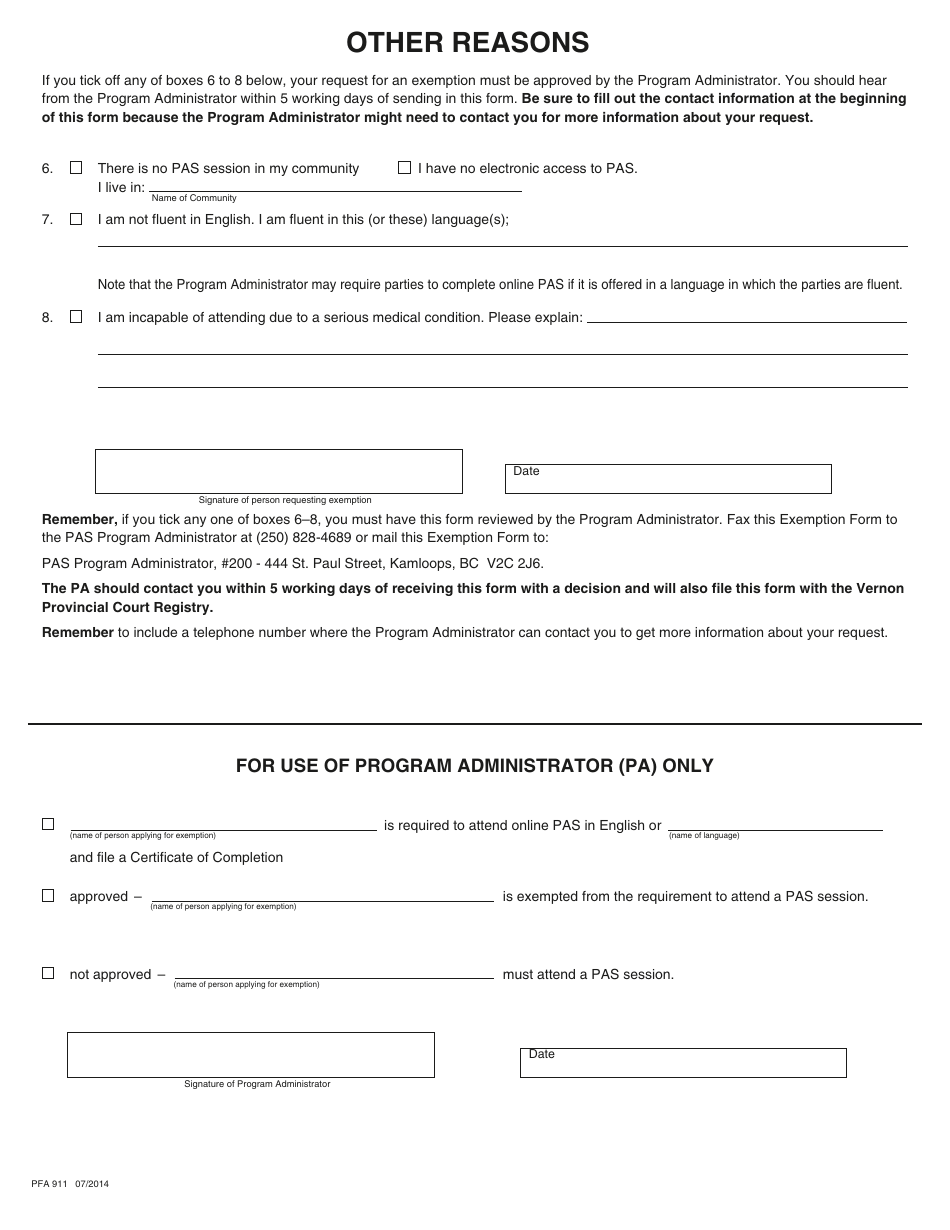 PCFR Form 31 (PFA911) Parenting After Separation Exemption Request - City of Vernon, British Columbia, Canada, Page 3