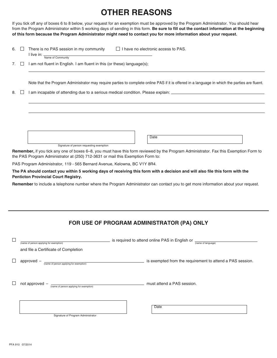 PCFR Form 31 (PFA910) Parenting After Separation Exemption Request - City of Penticton, British Columbia, Canada, Page 3