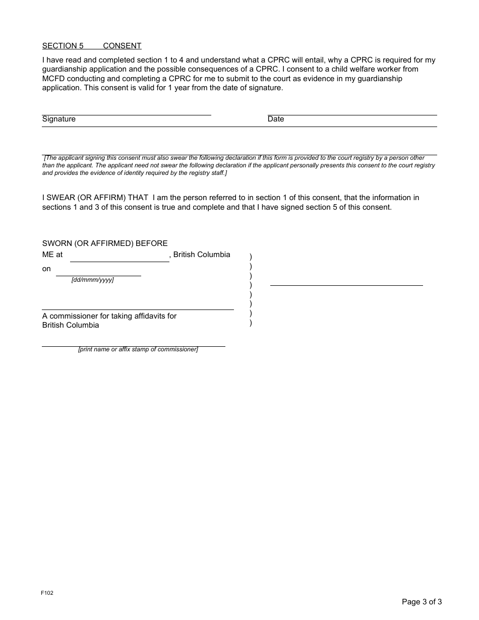 Form F102 Consent for Child Protection Record Check - British Columbia, Canada, Page 3