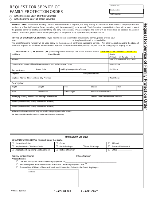 Form PFA916 Request for Service of Family Protection Order - British Columbia, Canada