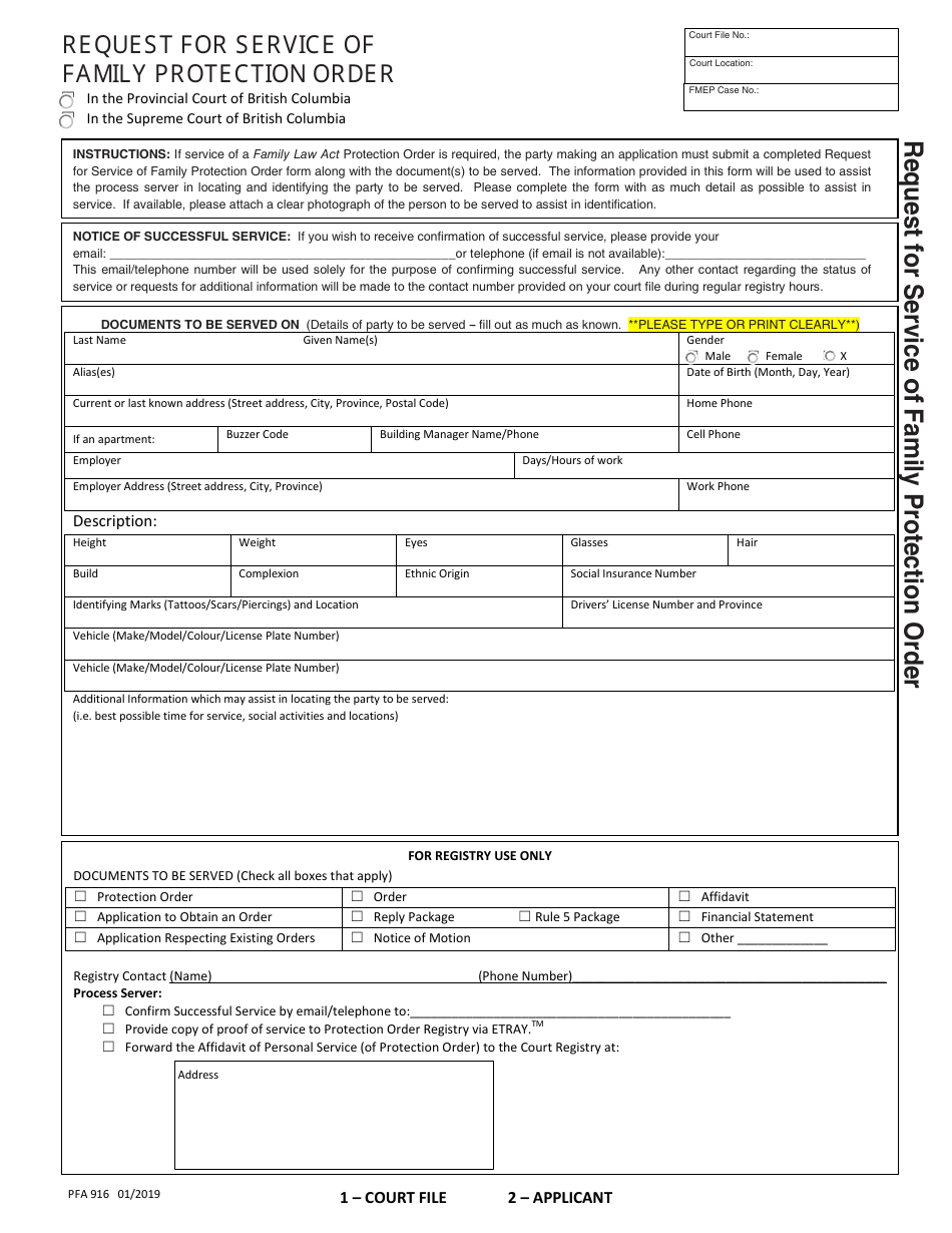 Form PFA916 Request for Service of Family Protection Order - British Columbia, Canada, Page 1
