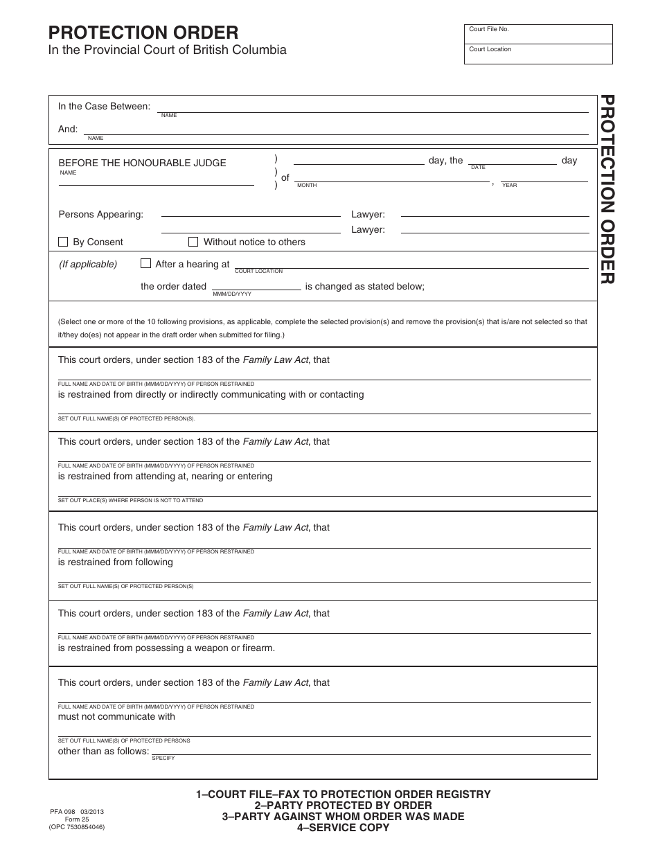 PCFR Form 25 (PFA098) Protection Order - British Columbia, Canada, Page 1