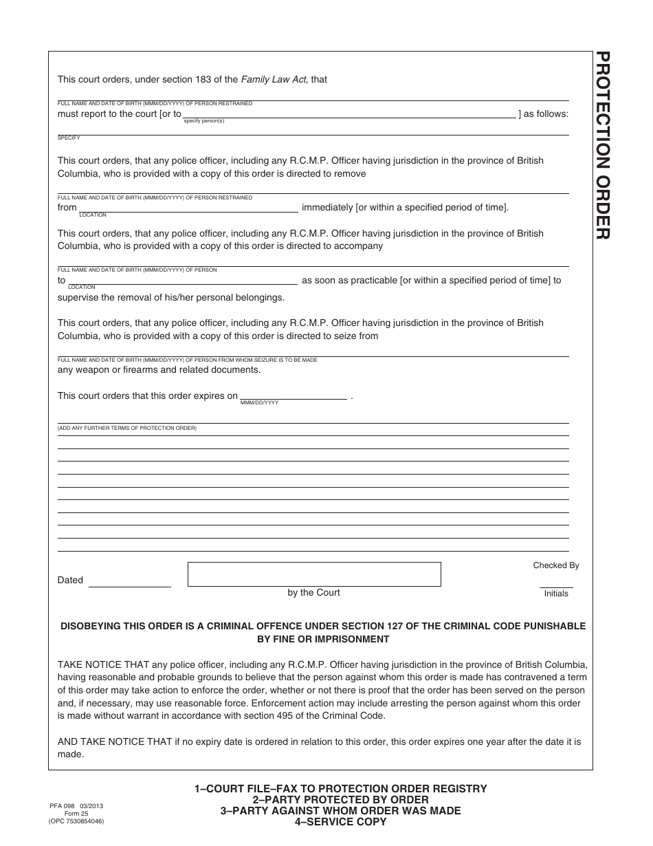 PCFR Form 25 (PFA098) Protection Order - British Columbia, Canada, Page 2