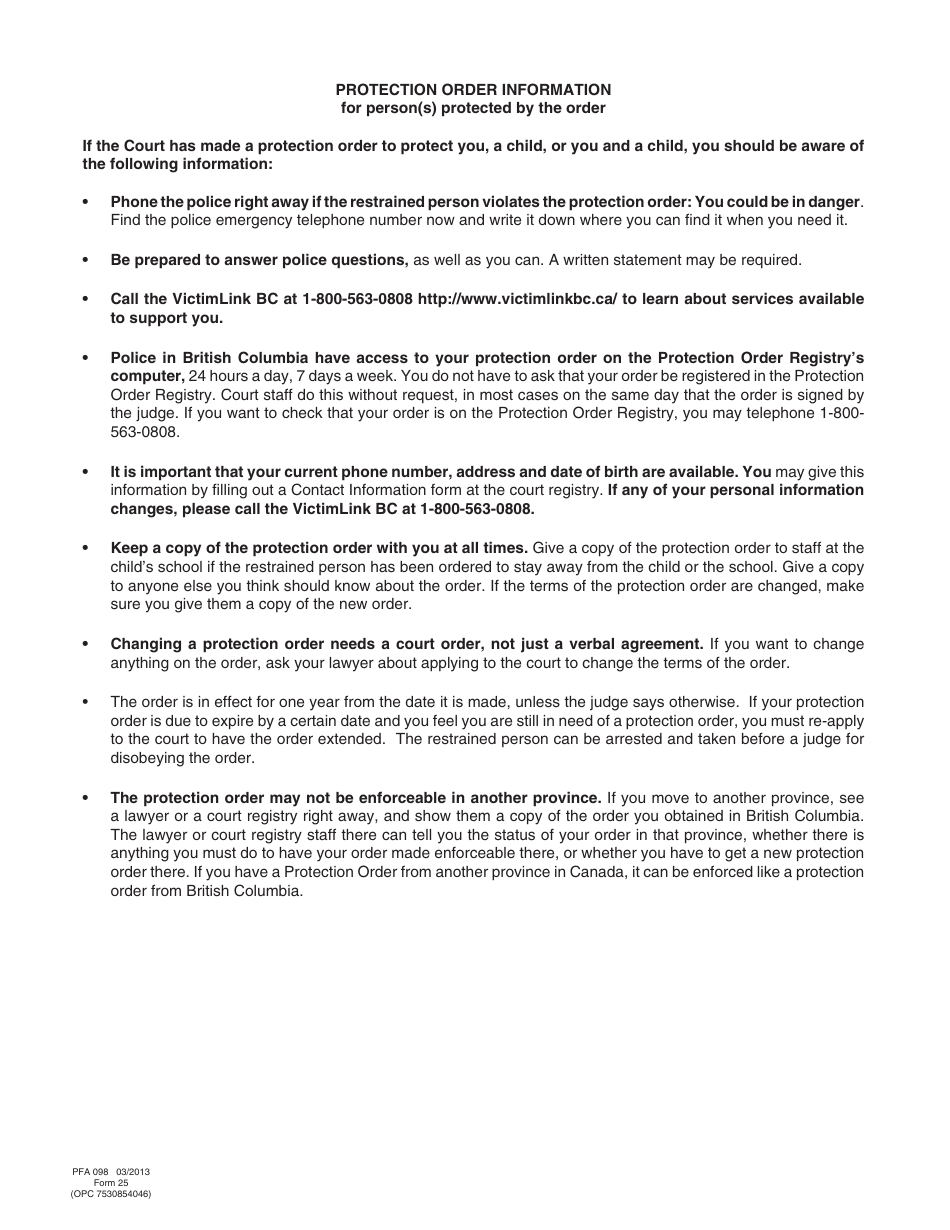 PCFR Form 25 (PFA098) Protection Order - British Columbia, Canada, Page 3