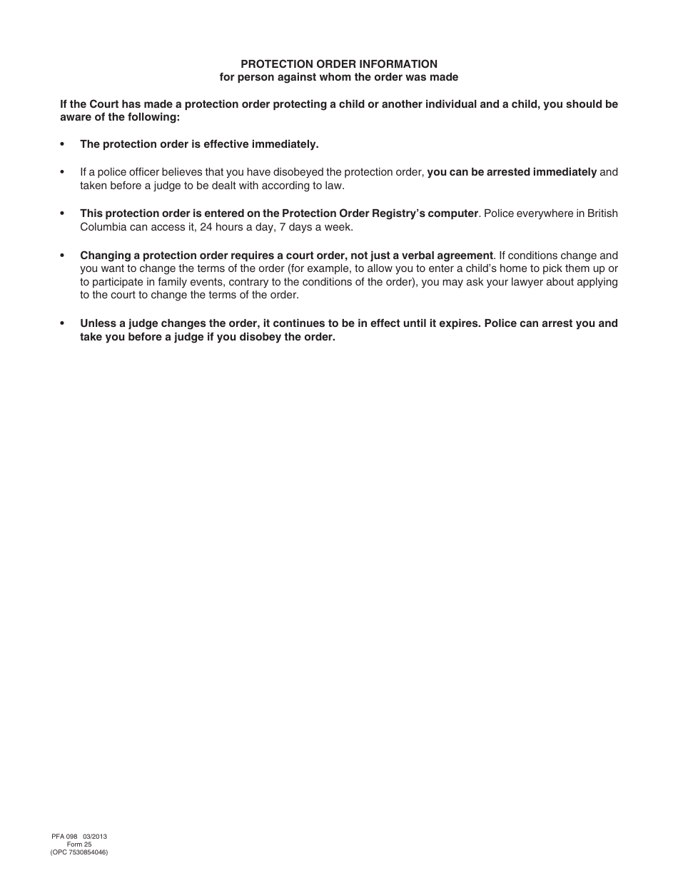 PCFR Form 25 (PFA098) Protection Order - British Columbia, Canada, Page 4
