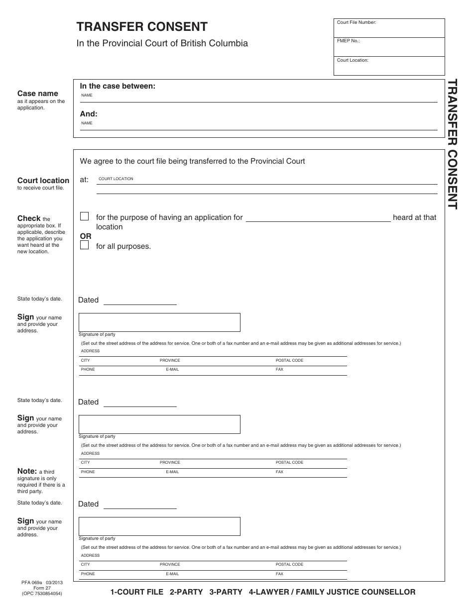 PCFR Form 27 (PFA069A) Transfer Consent - British Columbia, Canada, Page 1