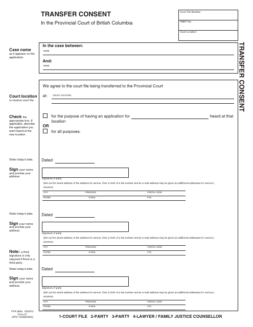 PCFR Form 27 (PFA069A) Transfer Consent - British Columbia, Canada