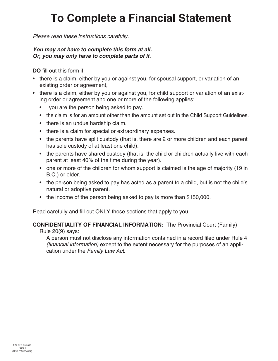 PCFR Form 4 (PFA022) Financial Statement - British Columbia, Canada, Page 1