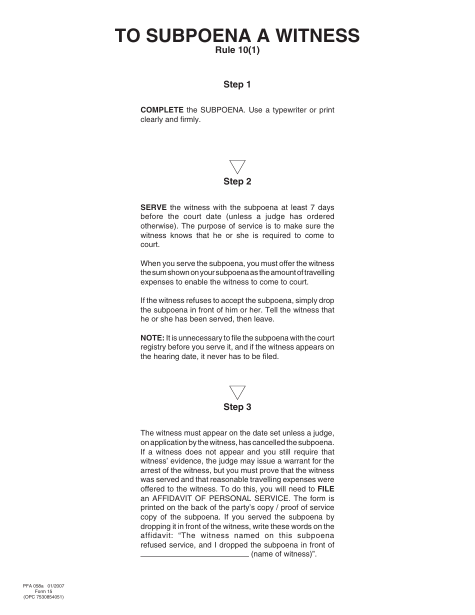 PCFR Form 15 (PFA058A) Subpoena - British Columbia, Canada, Page 1