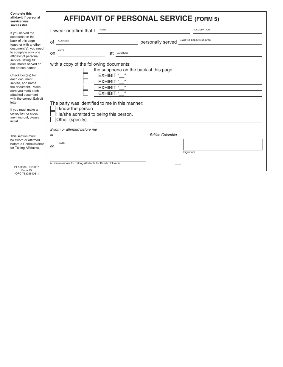 PCFR Form 15 (PFA058A) Subpoena - British Columbia, Canada, Page 4