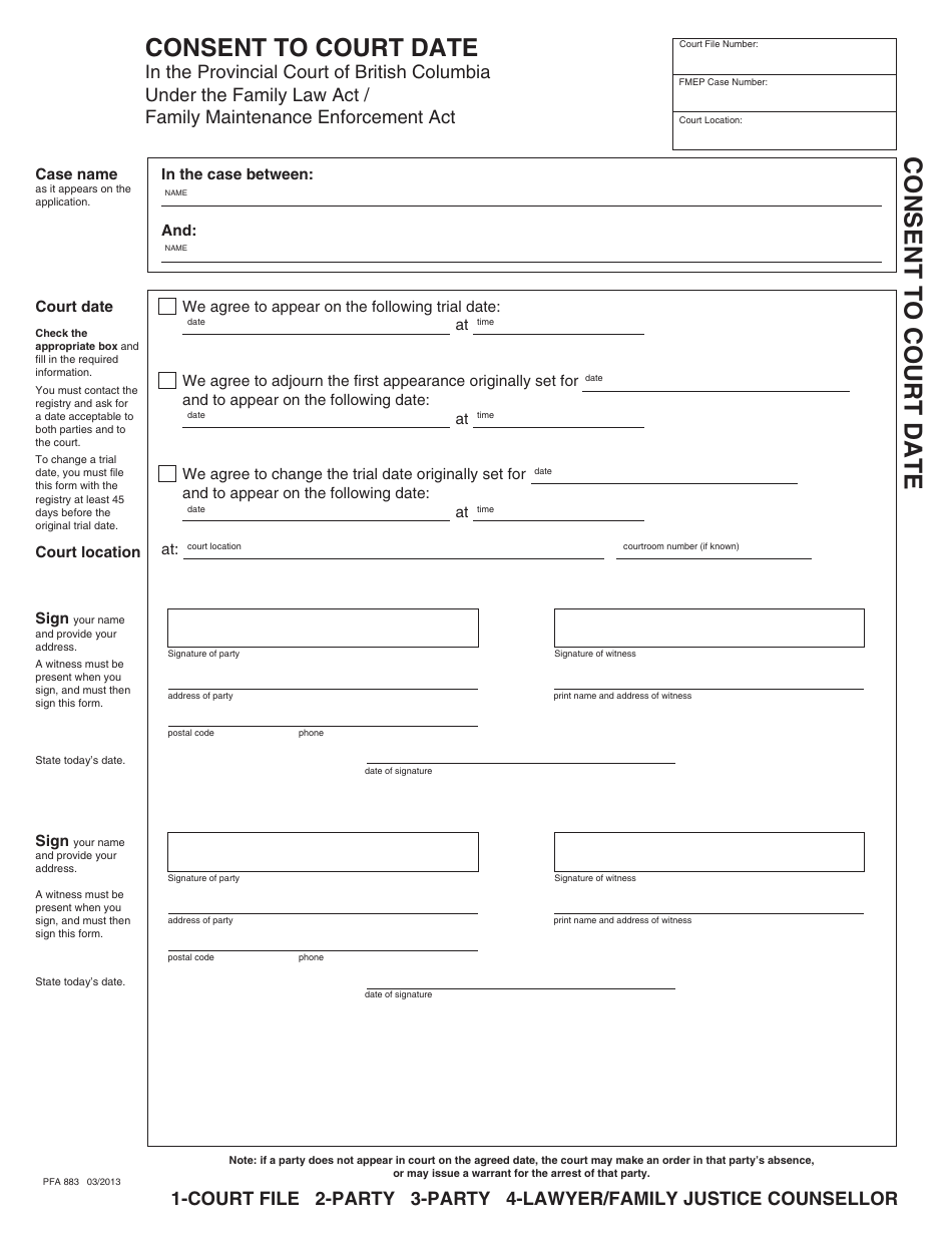 Form PFA883 Consent to Court Date - British Columbia, Canada, Page 1