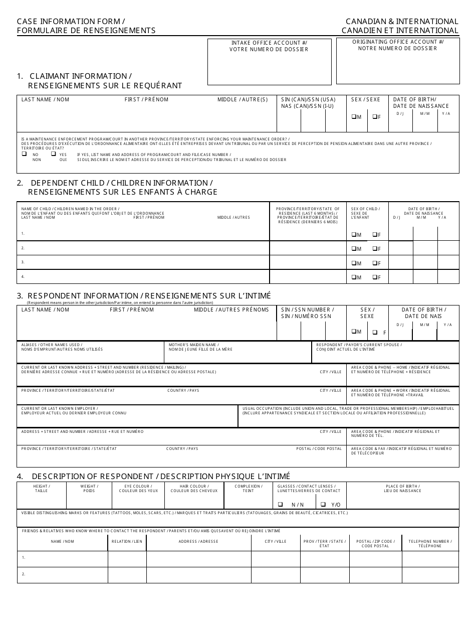 Form PFA826 Case Information Form - British Columbia, Canada (English / French), Page 1