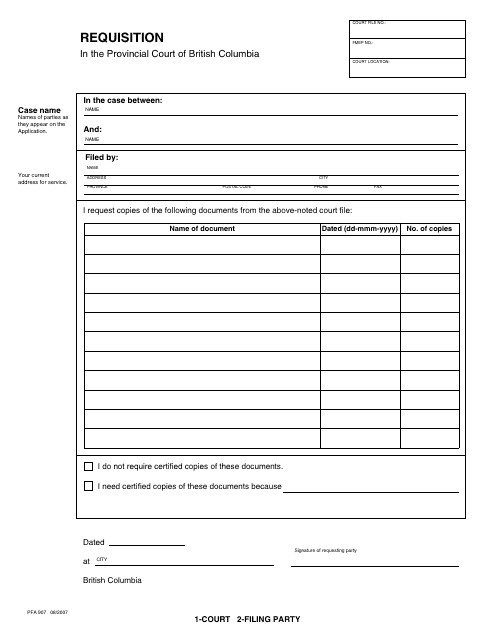 Form PFA907 Requisition - British Columbia, Canada