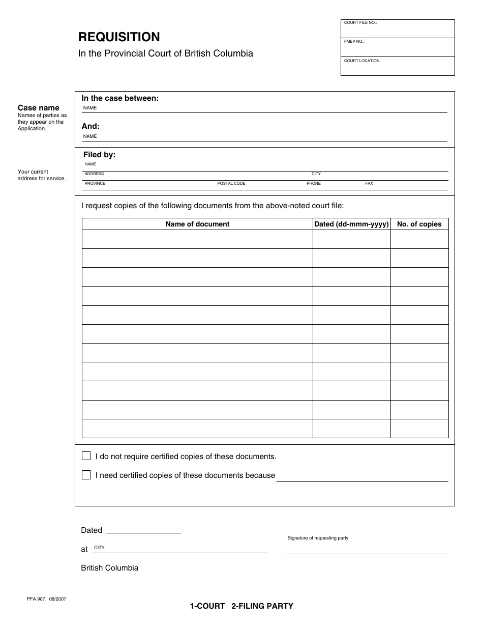 Form PFA907 Requisition - British Columbia, Canada, Page 1