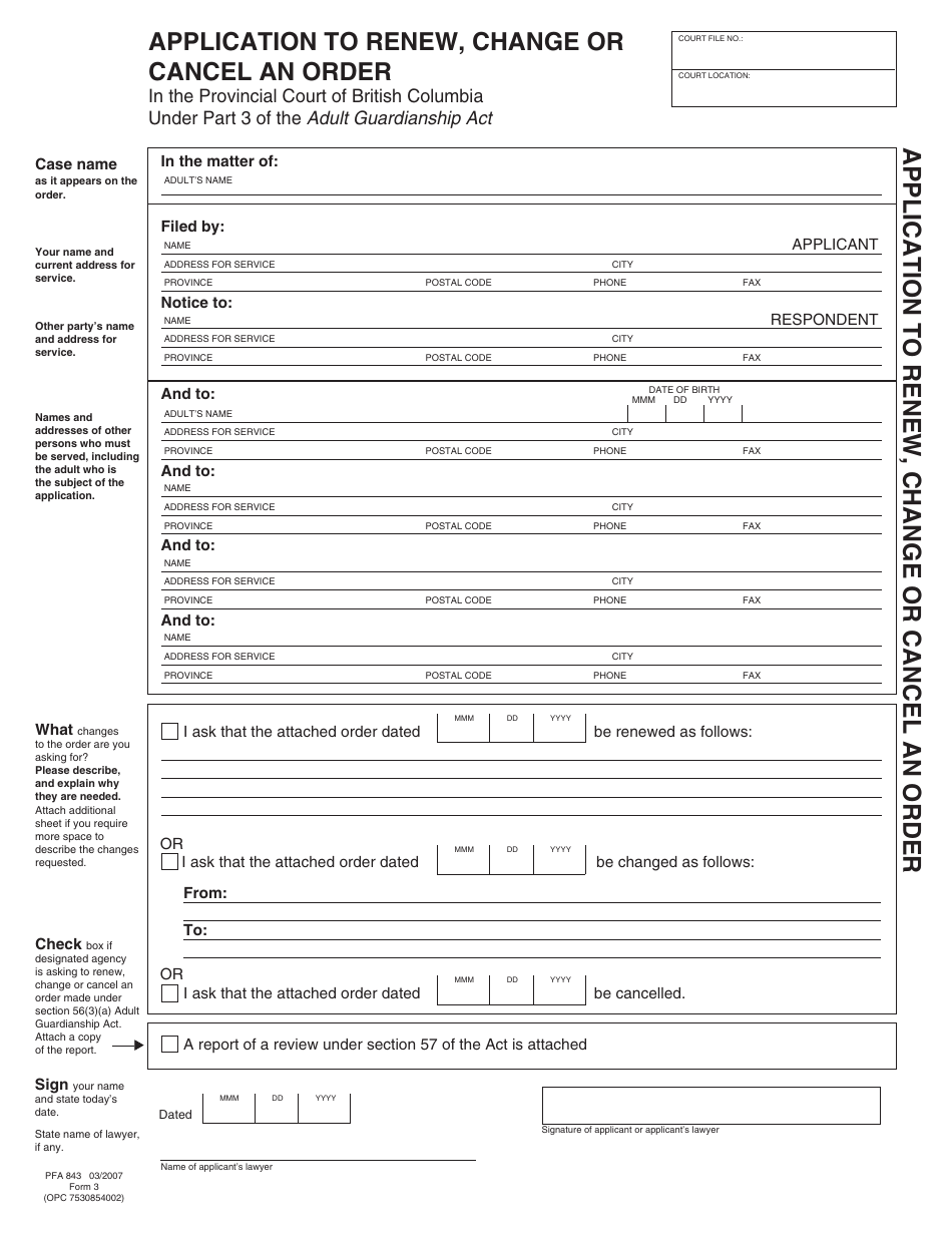 AGA Form 3 (PFA843) Application to Renew, Change or Cancel an Order - British Columbia, Canada, Page 1