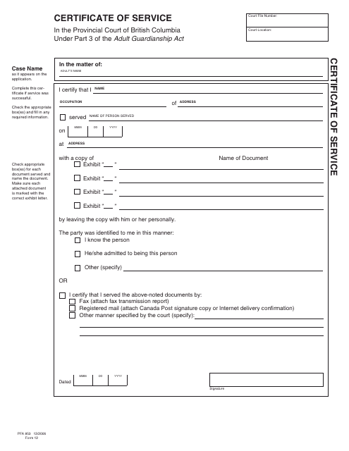 AGA Form 12 (PFA853) Certificate of Service - British Columbia, Canada