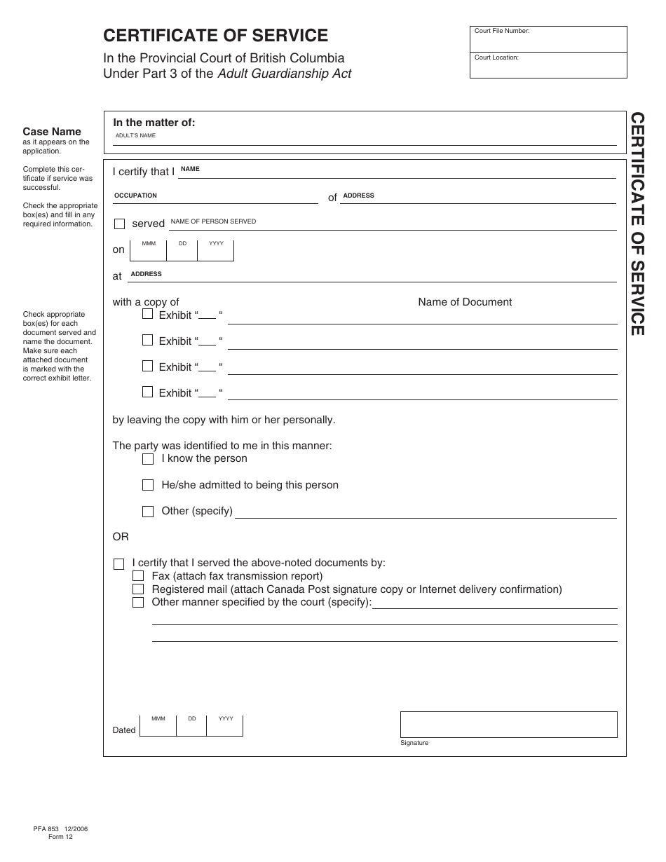 AGA Form 12 (PFA853) Certificate of Service - British Columbia, Canada, Page 1